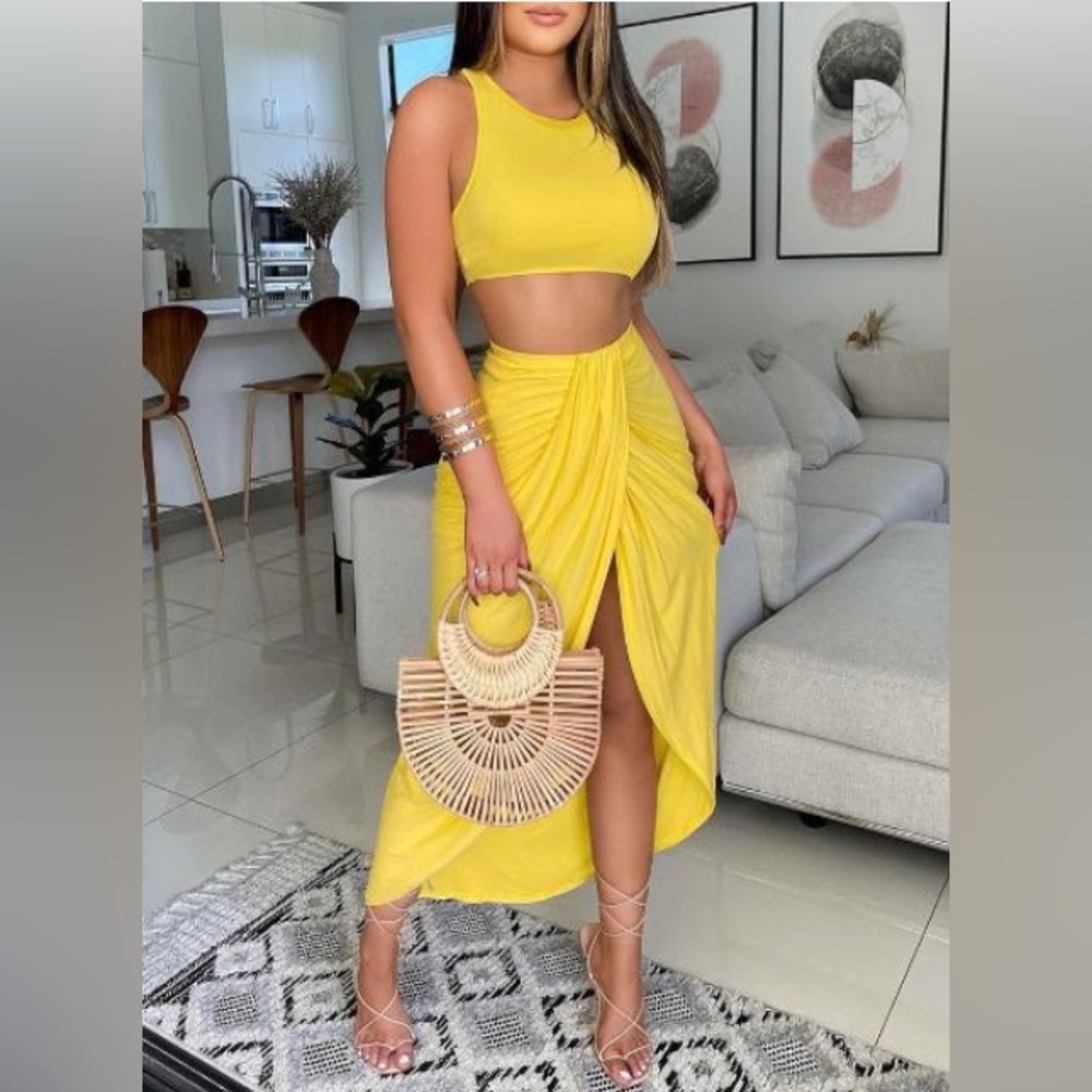tank crop top & slit ruched maxi skirt set